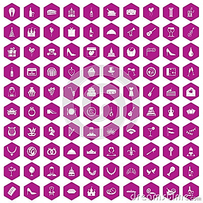 100 banquet icons hexagon violet Vector Illustration