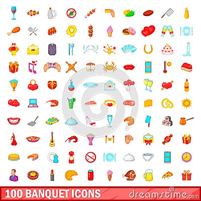 100 banquet icons set, cartoon style Vector Illustration