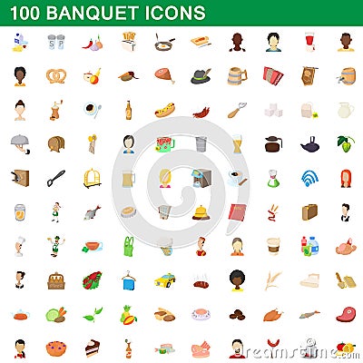 100 banquet icons set, cartoon style Vector Illustration