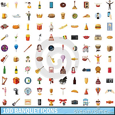 100 banquet icons set, cartoon style Vector Illustration