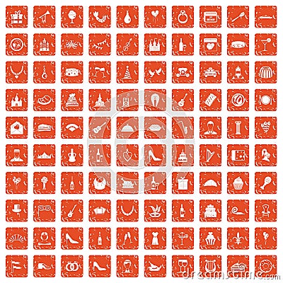100 banquet icons set grunge orange Vector Illustration