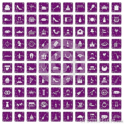 100 banquet icons set grunge purple Vector Illustration