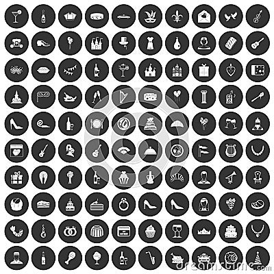 100 banquet icons set black circle Cartoon Illustration