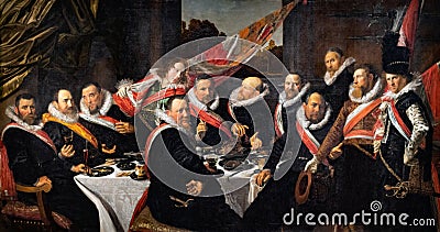 The Banquet of the Officers of the St George Militia Company, 1616 painting by Frans Hals Editorial Stock Photo