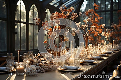 Banquet table for guests, decorated and served for the wedding Stock Photo