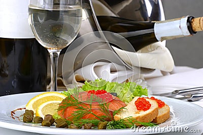 Banquet table setting seafoods, Caviar red Stock Photo