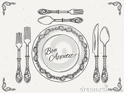 Banquet tableware. Vintage dish with spoon, fork and knife. Symbols of eating on retro vector poster Vector Illustration