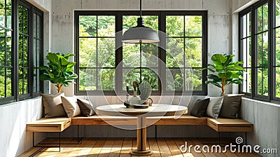 a banquette nook with black windows and a wooden round dining table, inspired by studio aesthetics, the cozy ambiance Stock Photo