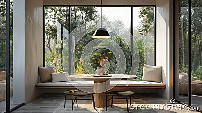 a banquette nook with black windows and a wooden round dining table, inspired by studio aesthetics, the cozy ambiance Stock Photo