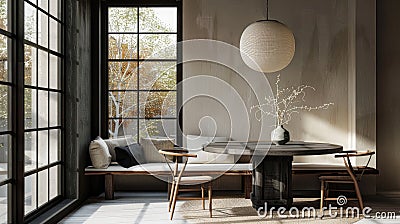 a banquette nook with black windows and a wooden round dining table, inspired by studio aesthetics, the cozy ambiance Stock Photo