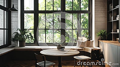 a banquette nook with black windows and a wooden round dining table, inspired by studio aesthetics, the cozy ambiance Stock Photo