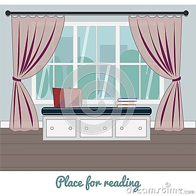 Banquette with pillow and books near the window. Place for reading and relaxing. Vector illustration. Vector Illustration