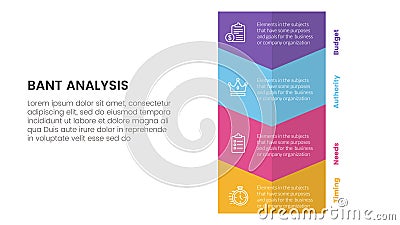 bant sales framework methodology infographic with big vertical arrow to bottom direction 4 point list for slide presentation Cartoon Illustration
