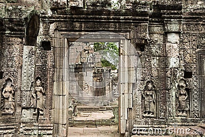 Carved doorway at Banteay Kdei temple in Angkor Archaeological Park, near Siem Reap, Cambodia Editorial Stock Photo