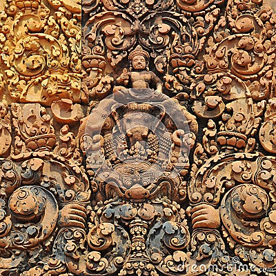 Banteay Srei Bas Relief, Angkor, Cambodia Stock Photo