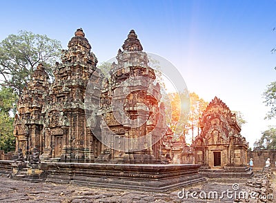 Banteay Srey Temple ruins Xth Century on a sunset, Siem Reap, Cambodia Editorial Stock Photo