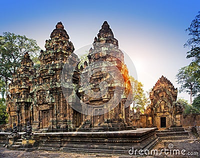 Banteay Srey Temple ruins (Xth Century) on a sunset, Siem Reap, Cambodia Stock Photo