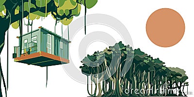 Banyan tree container treehouse suspended by vines vector graphics illustration Cartoon Illustration