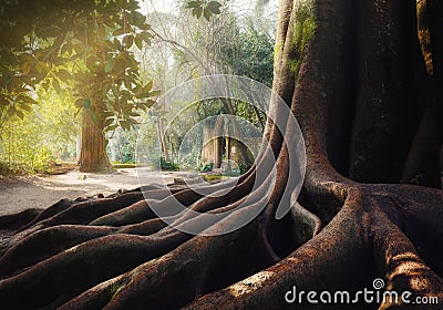 Banyan Tree and Neo-gothic portal near Fonte dos Amores Fountain of Love at Quinta das Lagrimas Gardens - Coimbra, Portugal Editorial Stock Photo