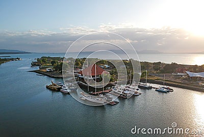 Banyuwangi, Indonesia - August 22, 2022: Drone View of the yachts docks around the Boom marina Editorial Stock Photo