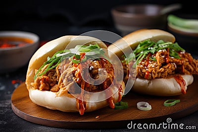 bao bun with fried chicken, spicy sauce and green onion Stock Photo