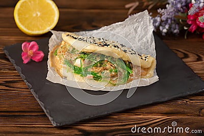 Bao with chiken on a wooden background Stock Photo