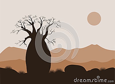 Baobab tree landscape with mountains background. Baobab silhouette. African sunrise Vector Illustration