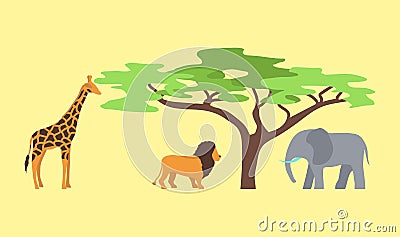 Baobab tree and wild animals isolated on white vector illustration. Vector Illustration