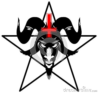 Baphomet, Goat headed demon with pentagram sometimes known as a pentalpha, pentangle or star pentagon and inverted cross, petru Stock Photo