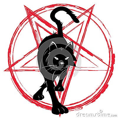 Baphomet star pentagram and black cat. Vector Illustration