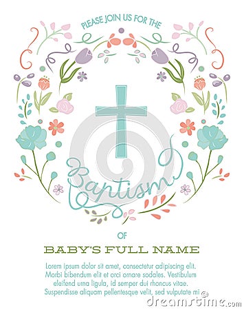 Baptism, Christening, First Holy Communion Invitation Template with Cross and Floral Border Vector Illustration