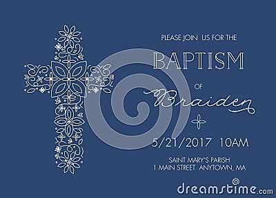 Baptism, Christening Invitation Template with Ornate Cross Design - Vector Vector Illustration