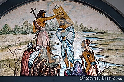 Baptism of the Lord, stained glass in the Catholic cathedral in Baruipur, West Bengal, India Stock Photo