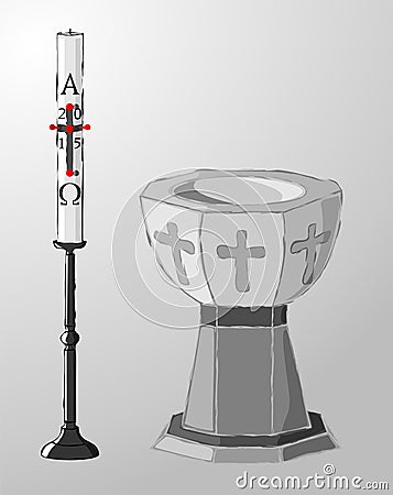 Baptismal font and paschal candle, baptism Stock Photo