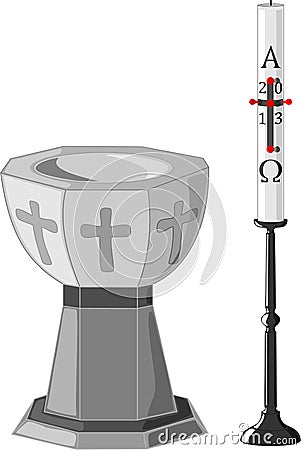 Baptismal font and paschal candle Stock Photo