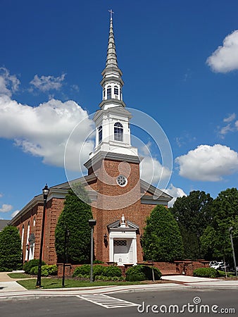 Church with White Steeple in Downtown Cary, North Carolina Editorial Stock Photo