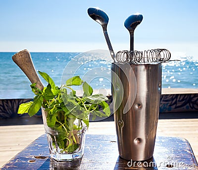 Bar accessories with inox shaker Stock Photo