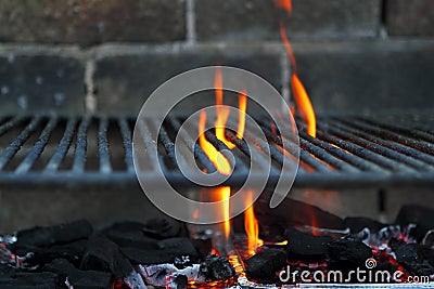 Bar b cue barbecue fire BBQ coal fire iron grill Stock Photo