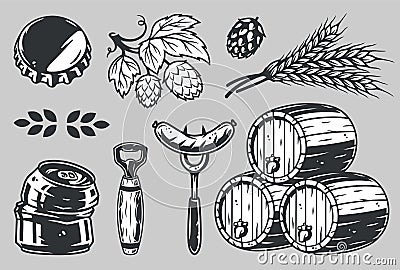 Bar barrel, spikelet, hop, sausage, fork, opener Vector Illustration