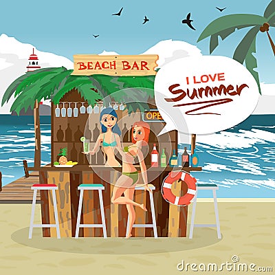 Bar bungalows with bartender and visitor woman on the beach Vector Illustration