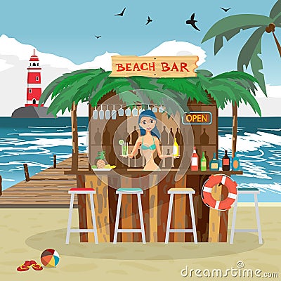 Bar bungalows with bartender woman on the beach ocean coast. Vector Illustration