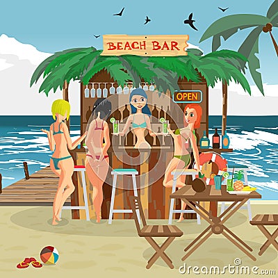 Bar bungalows with bartender woman and three visitor women Cartoon Illustration