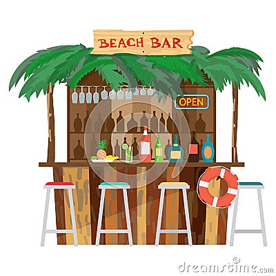 Bar bungalows on the beach ocean coast. Vector Illustration