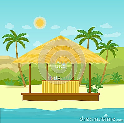 Bar bungalows on the beach ocean coast. Cartoon Illustration