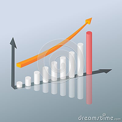 Bar chart of 7 growing columns. Graph bar growing up and red arrow moving up Cartoon Illustration