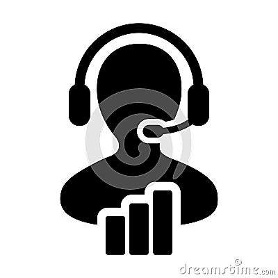 Bar chart icon vector male data support customer service person profile avatar with headphone and bar graph for online assistant Vector Illustration