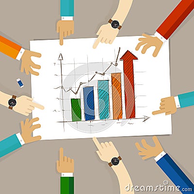 Bar chart increase team work on paper looking to hand drawing business concept of planning hands pointing collaboration Vector Illustration