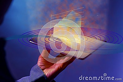 The holographic productivity enhancement diagram above a wave of blue circles with reddish rays appears from a digital tablet Stock Photo