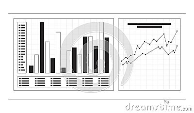 Bar chart and line graph on dashboard black and white 2D line object Vector Illustration