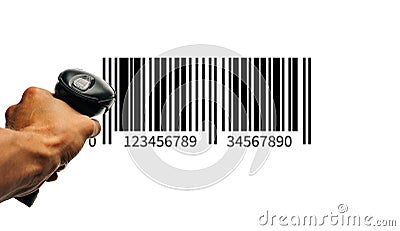 Bar code. Retail label barcode scan. Reader laser scanner for warehouse holding hand. Product code data concept. Stock Photo